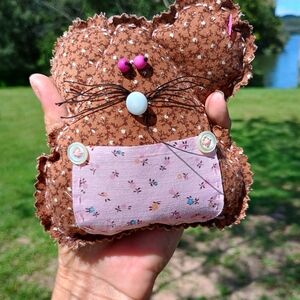 Handmade little brown mouse with pink floral pocket and button nose, kitsch core